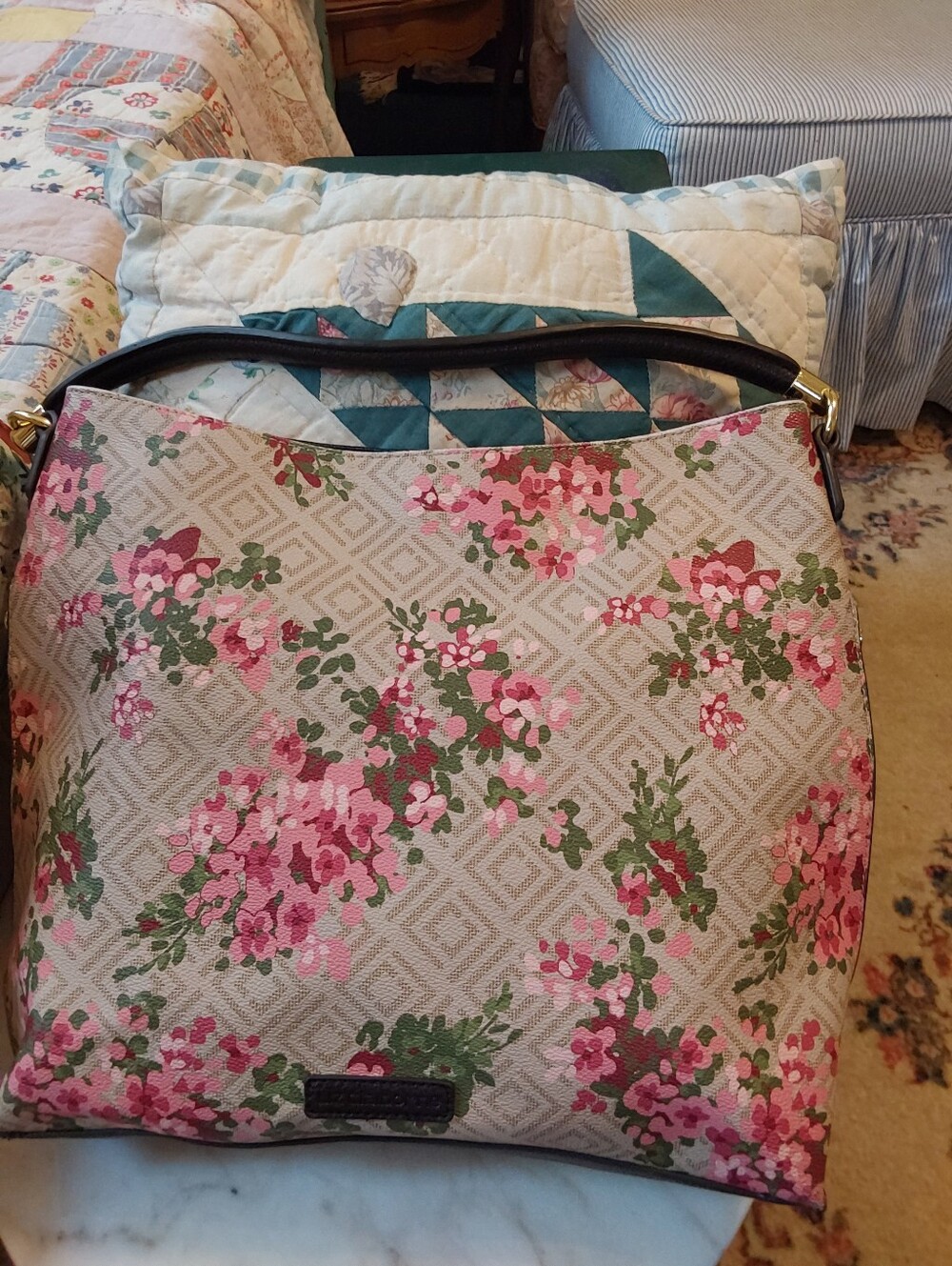 Vintage Liz Claiborne Vinyl Tote, Huge 1990s Roses Design, Vegan Leather Handle